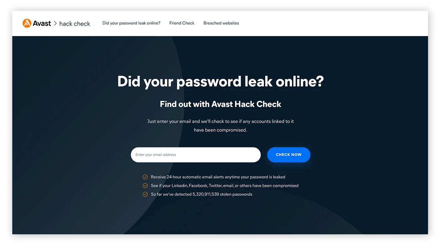 Avast Hack Check是一个免费工具，用于检查您的个人数据是否已被暴露。